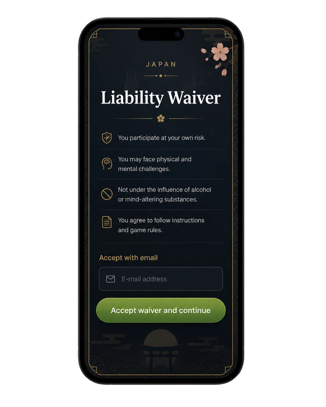 Liability waiver screen with email input